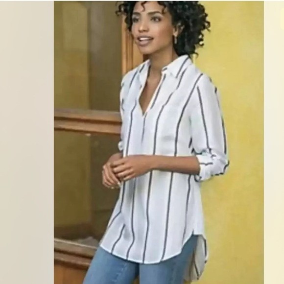 Soft Surroundings Tricia Tunic Top Sz 1x Stripe Long Sleeve Blouse Shirt Popover